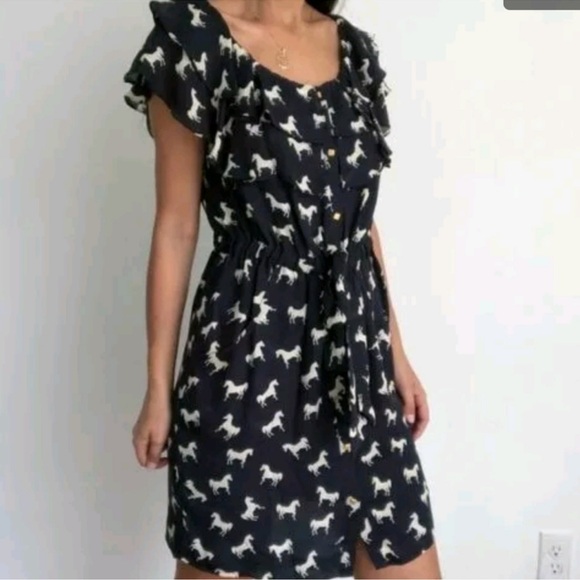 leifsdottir Dresses & Skirts - Anthropologie Leifsdottir Andalusian Horse Navy White Ruffle Silk Dress